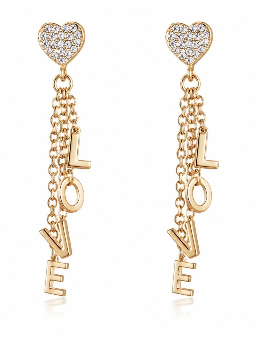 BCBGeneration Gold Tone Rhinestone Heart LOVE Dangle Earrings NWT
